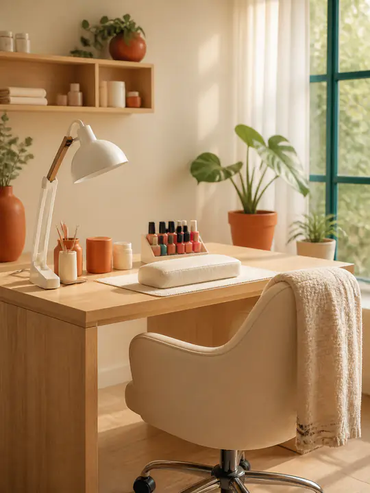 Estudio de belleza ordenado con silla, lámpara y esmaltes sin etiquetas.