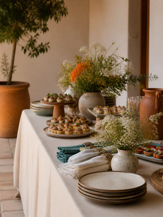 Mesa de catering con canapés, vajilla de cerámica, textiles y flores.