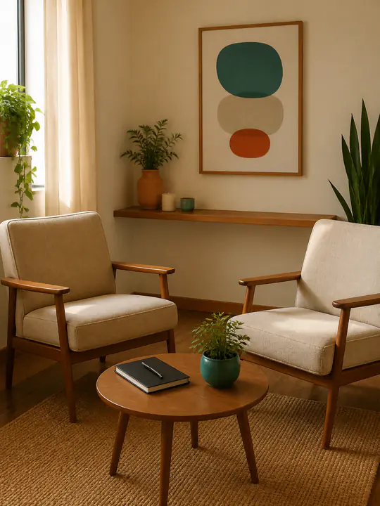 Espacio tranquilo de consulta con dos sillones, libreta cerrada y plantas.