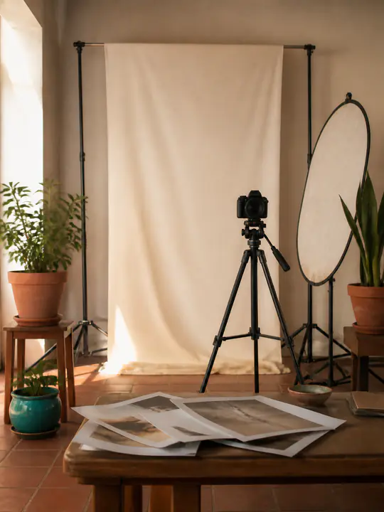 Estudio de fotografía con cámara sin marca, trípode, telón y reflector.
