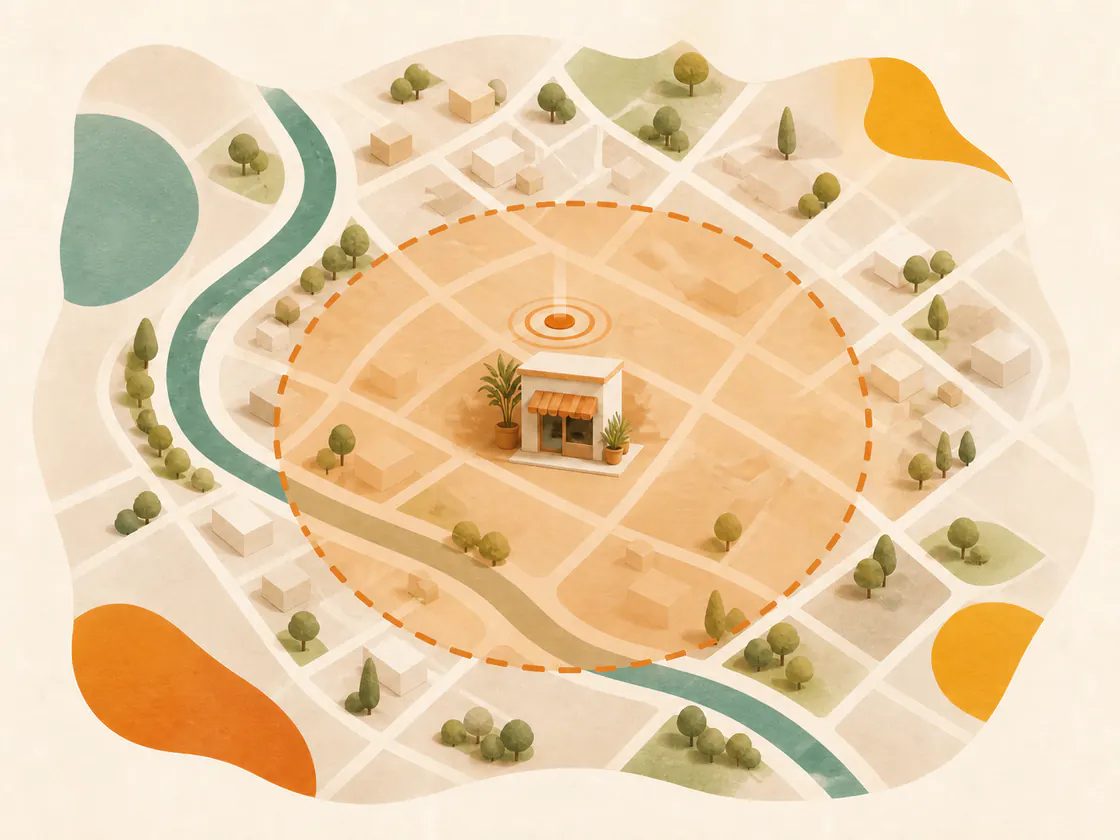 Ilustración de una zona urbana genérica con un punto de atención y un área aproximada de servicio.
